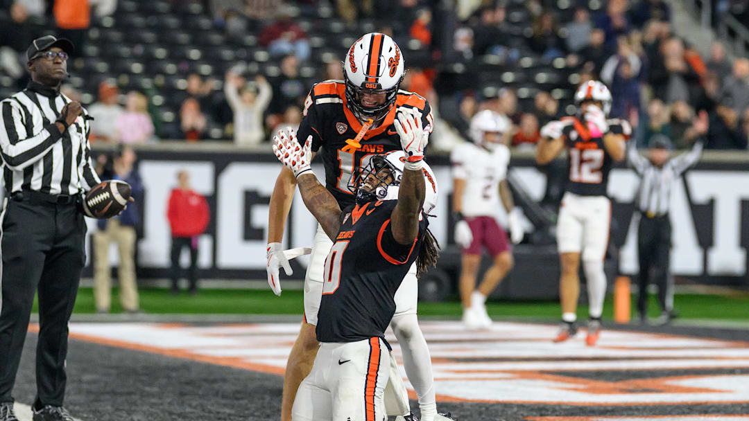 Oct 18, 2025; Corvallis, Oregon, USA; Oregon State Beavers running back Anthony Hankerson (0) celebrates his second running touchdown during the fourth quarter against the Lafayette Leopards at Reser Stadium. Mandatory Credit: Craig Strobeck-Imagn Images