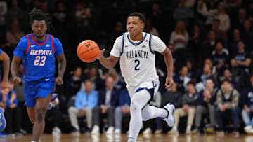 Jan 4, 2025; Villanova, Pennsylvania, USA; Villanova Wildcats guard Jhamir Brickus (2) controls the ball against the DePaul Blue Demons in the second half at William B. Finneran Pavilion. Mandatory Credit: Kyle Ross-Imagn Images