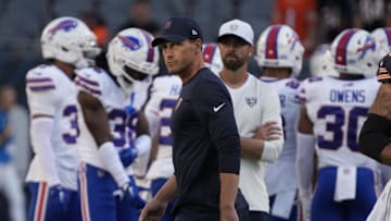 Aug 17, 2025; Chicago, Illinois, USA; Chicago Bears head coach Ben Johnson on the field before a game against the Buffalo Bills at Soldier Field. Mandatory Credit: David Banks-Imagn Images