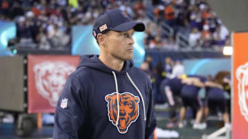 Sep 8, 2025; Chicago, Illinois, USA; Chicago Bears head coach Ben Johnson before the game against the Minnesota Vikings at Soldier Field. Mandatory Credit: David Banks-Imagn Images
