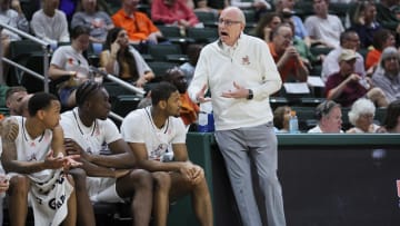 Feb 3, 2024; Coral Gables, Florida, USA; Miami Hurricanes head coach Jim Larranaga reacts from the sideline against the Virginia Tech Hokies during the second half at Watsco Center. Mandatory Credit: Sam Navarro-USA TODAY Sports