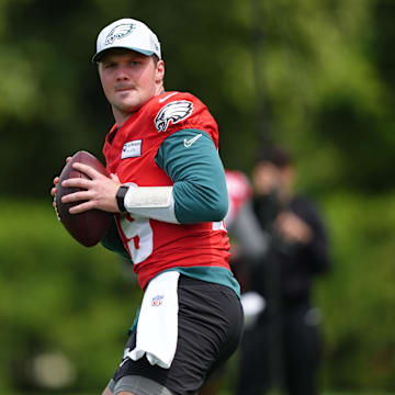 Jun 10, 2025; Philadelphia, PA, USA; Philadelphia Eagles quarterback Kyle McCord (19) performs a practice drill at NovaCare Complex. 