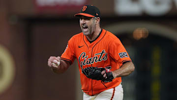 San Francisco Giants starting pitcher Justin Verlander (35) reacts after an out call was upheld against the Los Angeles Dodgers during the fourth inning at Oracle Park.