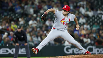 St. Louis Cardinals relief pitcher Nick Raquet throws against the Seattle Mariners in the seventh inning at T-Mobile Park.