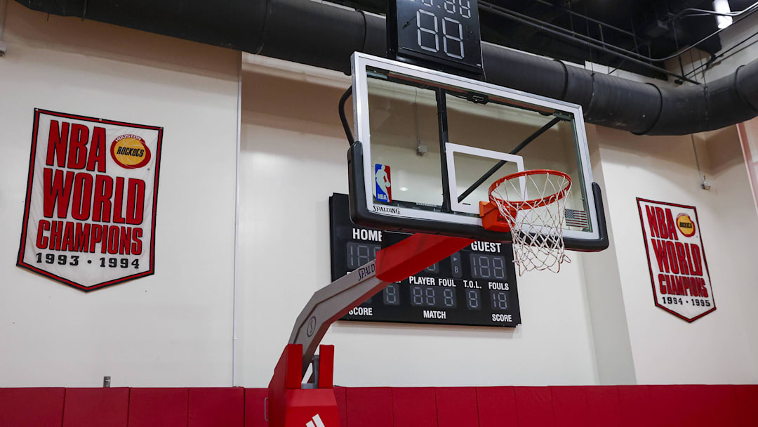 Jun 24, 2022; Houston, Texas, USA; General view inside the practice court at Toyota Center before a press conference for 2022 draft picks. Mandatory Credit: Troy Taormina-Imagn Images