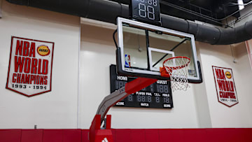 Jun 24, 2022; Houston, Texas, USA; General view inside the practice court at Toyota Center before a press conference for 2022 draft picks. Mandatory Credit: Troy Taormina-Imagn Images