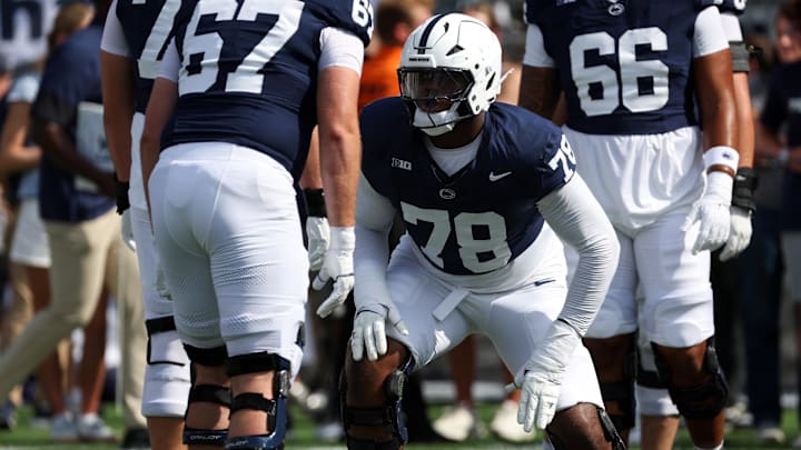 Sep 13, 2025; University Park, Pennsylvania, USA; Penn State Nittany Lions offensive linesman Malachi Goodman (78) during a warmup prior to the game against the Villanova Wildcats at Beaver Stadium. Mandatory Credit: Matthew O'Haren-Imagn Images