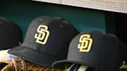 May 24, 2023; Washington, District of Columbia, USA; San Diego Padres hats in the dugout during the game against the Washington Nationals at Nationals Park. 