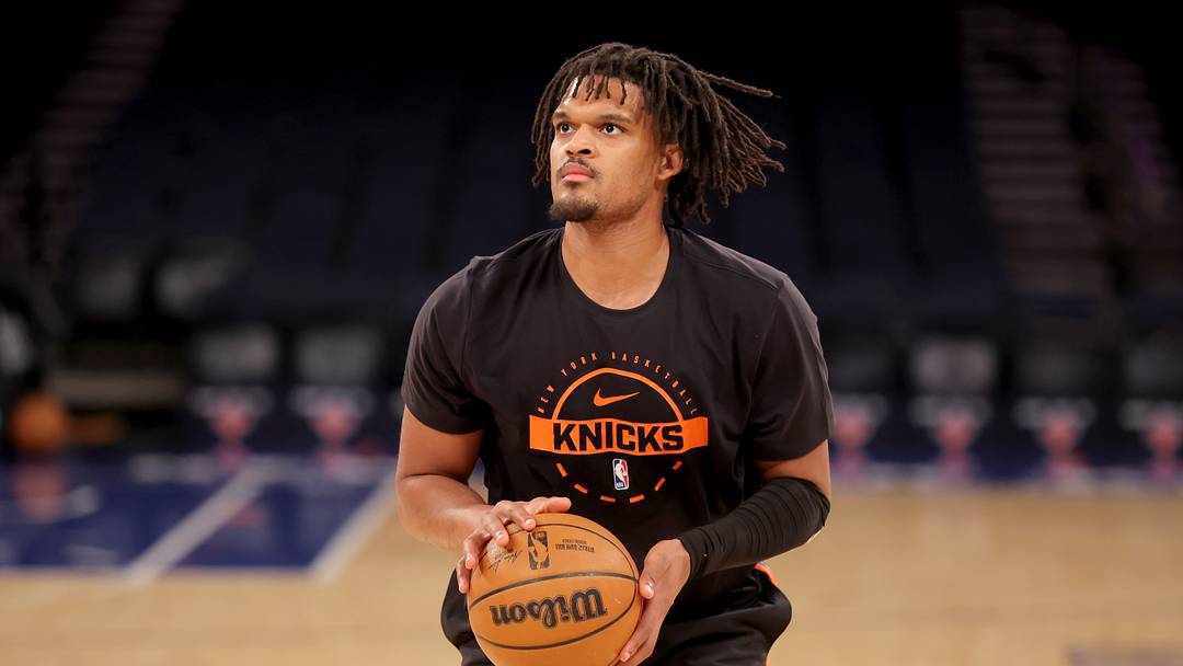 Jan 30, 2026; New York, New York, USA; New York Knicks forward Dillon Jones (1) warms up before a game against the Portland Trail Blazers at Madison Square Garden. Mandatory Credit: Brad Penner-Imagn Images Jan 30, 2026; New York, New York, USA; New York Knicks forward Dillon Jones (1) warms up before a game against the Portland Trail Blazers at Madison Square Garden. Mandatory Credit: Brad Penner-Imagn Images