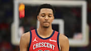 Apr 27, 2024; New Orleans, Louisiana, USA; New Orleans Pelicans Guard Trey Murphy III (25) walks down the court against the Oklahoma City Thunder  during fourth quarter of game three of the first round for the 2024 NBA playoffs at Smoothie King Center. 
