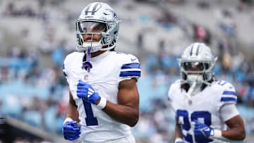 Oct 12, 2025; Charlotte, North Carolina, USA; Dallas Cowboys wide receiver Jalen Tolbert (1) looks on prior to the game against the Carolina Panthers at Bank of America Stadium. Mandatory Credit: Cory Knowlton-Imagn Images
