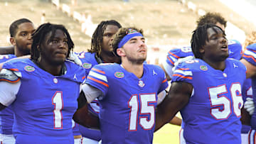 Sep 21, 2024; Starkville, Mississippi, USA; Florida Gators players sing after a game against the Mississippi State Bulldogs at Davis Wade Stadium at Scott Field. Mandatory Credit: Matt Bush-Imagn Images