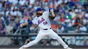 Aug 13, 2024; New York City, New York, USA; New York Mets starting pitcher Paul Blackburn (58) pitches against the Oakland Athletics during the first inning at Citi Field. Mandatory Credit: Brad Penner-Imagn Images