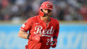 Jun 9, 2025; Cleveland, Ohio, USA; Cincinnati Reds right fielder Jake Fraley (27) rounds the bases after hitting a home run during the fourth inning against the Cleveland Guardians at Progressive Field. Mandatory Credit: Ken Blaze-Imagn Images