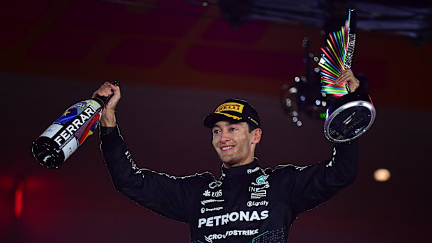 Mercedes AMG Petronas driver George Russell celebrates his race victory of the Las Vegas Grand Prix.