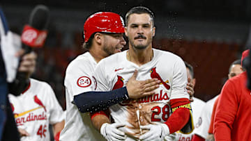 Aug 21, 2024; St. Louis, Missouri, USA;  St. Louis Cardinals third baseman Nolan Arenado (28) celebrates with catcher Willson Contreras (40) after hitting a walk-off grand slam against the Milwaukee Brewers during the tenth inning at Busch Stadium. Mandatory Credit: Jeff Curry-Imagn Images