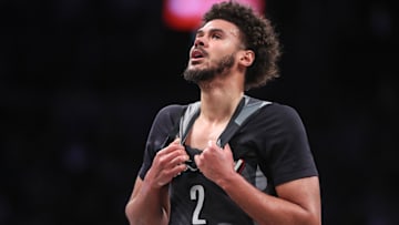 Feb 26, 2025; Brooklyn, New York, USA;  Brooklyn Nets forward Cameron Johnson (2) reacts after getting called for a foul in the third quarter against the Oklahoma City Thunder at Barclays Center. Mandatory Credit: Wendell Cruz-Imagn Images