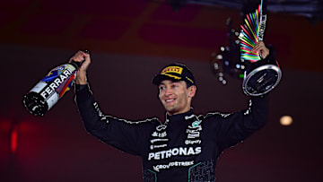 Nov 23, 2024; Las Vegas, Nevada, USA; Mercedes AMG Petronas driver George Russell (63) celebrates his race victory of the Las Vegas Grand Prix 
