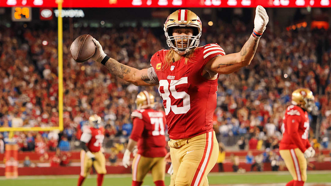 Jan 28, 2024; Santa Clara, California, USA; San Francisco 49ers tight end George Kittle (85) reacts after a play against the Detroit Lions during the second half of the NFC Championship football game at Levi's Stadium. Mandatory Credit: Kelley L Cox-Imagn Images