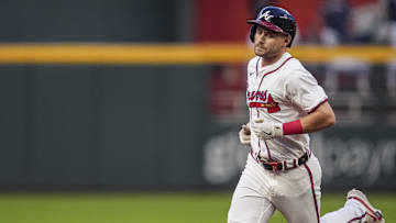 Sep 4, 2024; Cumberland, Georgia, USA; Atlanta Braves outfielder Jarred Kelenic (24) runs the bases after hitting a three run home run against the Colorado Rockies during the first inning at Truist Park.