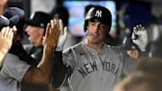 Aug 19, 2025; St. Petersburg, Florida, USA; New York Yankees left fielder Cody Bellinger (35) celebrates  after hitting a solo home run in the first inning against the Tampa Bay Rays  at George M. Steinbrenner Field. Mandatory Credit: Jonathan Dyer-Imagn Images