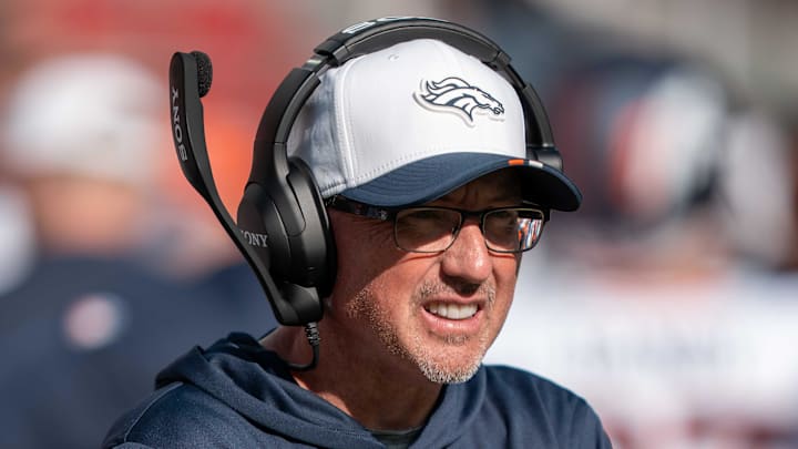 August 9, 2025; Santa Clara, California, USA; Denver Broncos senior offensive assistant Pete Carmichael before the game against the San Francisco 49ers at Levi's Stadium. Mandatory Credit: Kyle Terada-Imagn Images
