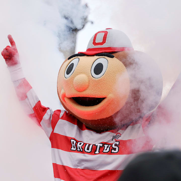 Ohio State Brutus Buckeye cheers before the game against the Ohio Bobcats at Ohio Stadium. 