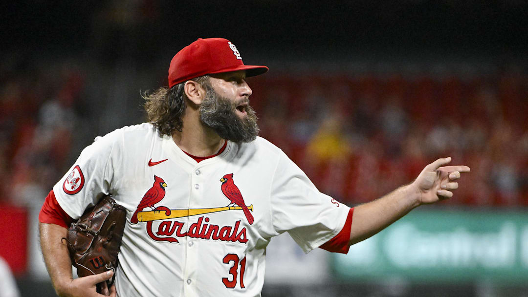 Sep 17, 2024; St. Louis, Missouri, USA;  St. Louis Cardinals starting pitcher Lance Lynn (31) reacts as he walks off the field after the sixth inning against the Pittsburgh Pirates at Busch Stadium. Mandatory Credit: Jeff Curry-Imagn Images