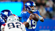 New York Giants quarterback Jameis Winston (19) looks for an open teammate, Thursday, August 21, 2025, in East Rutherford.