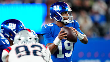 New York Giants quarterback Jameis Winston (19) looks for an open teammate, Thursday, August 21, 2025, in East Rutherford.