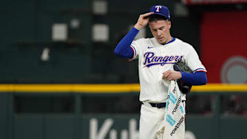 Apr 28, 2025; Arlington, Texas, USA; Texas Rangers pitcher Patrick Corbin (46) makes his way in from the bullpen prior to a game against the Athletics at Globe Life Field. Mandatory Credit: Raymond Carlin III-Imagn Images
