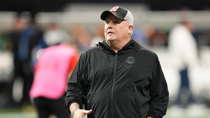 Jan 20, 2025; Atlanta, GA, USA;  Ohio State Buckeyes offensive coordinator Chip Kelly before playing against the Notre Dame Fighting Irish the CFP National Championship college football game at Mercedes-Benz Stadium. Mandatory Credit: Kirby Lee-Imagn Images