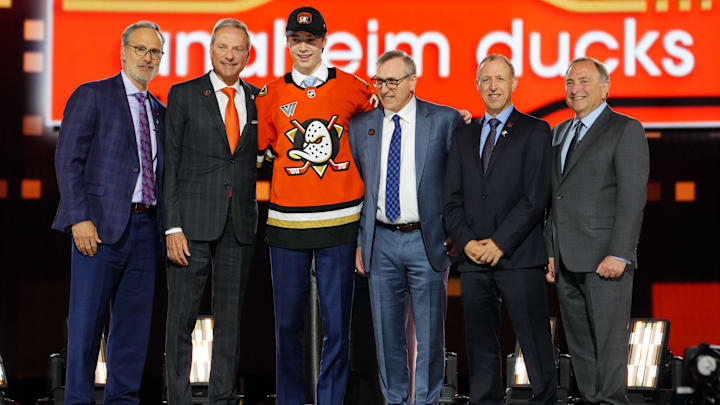 Jun 28, 2024; Las Vegas, Nevada, USA; Beckett Sennecke is selected with the 3rd overall pick in the first round of the 2024 NHL Draft by the Anaheim Ducks at The Sphere. Mandatory Credit: Stephen R. Sylvanie-Imagn Images