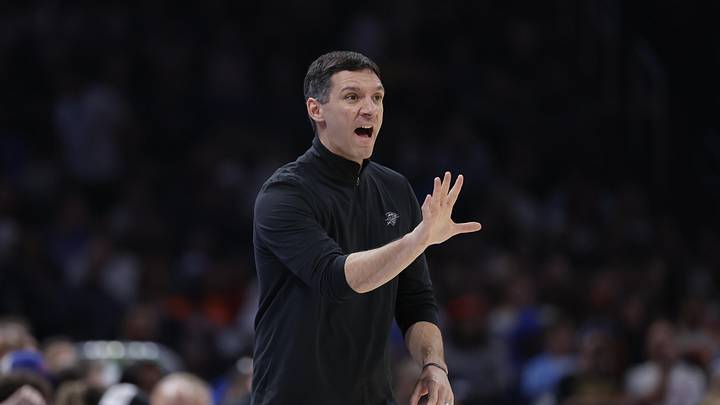 Mar 29, 2026; Oklahoma City, Oklahoma, USA; Oklahoma City Thunder head coach Mark Daigneault gestures to his team during a play against the New York Knicks in the first half at Paycom Center. Mandatory Credit: Alonzo Adams-Imagn Images