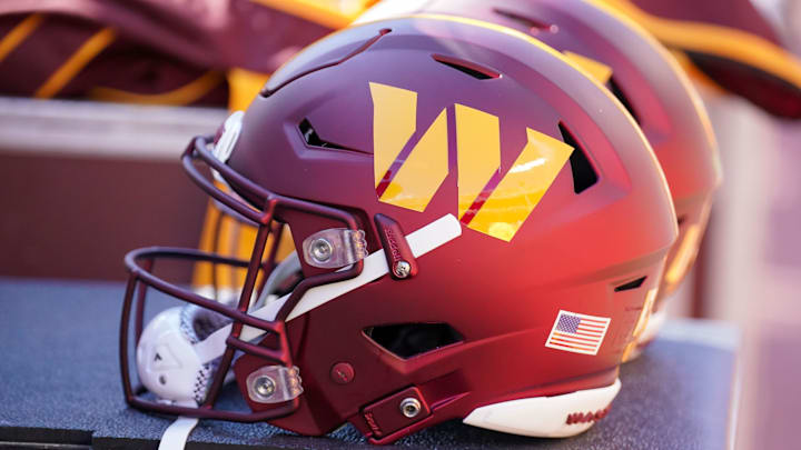 A general view of a Washington Commanders helmet.