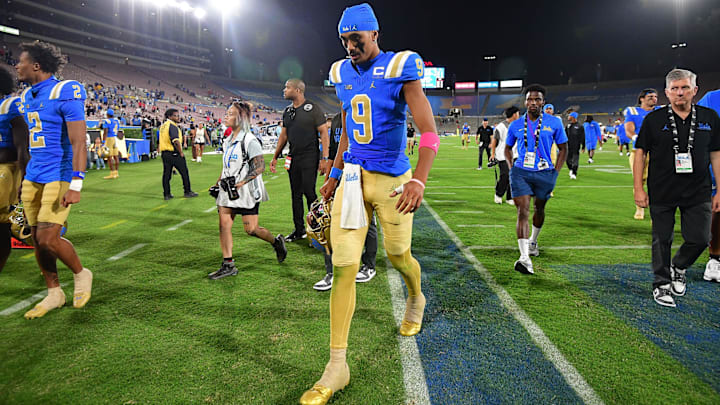 Aug 30, 2025; Pasadena, California, USA; UCLA Bruins quarterback Nico Iamaleava (9) leaves the field following the loss aganst the Utah Utes at Rose Bowl. Mandatory Credit: Gary A. Vasquez-Imagn Images