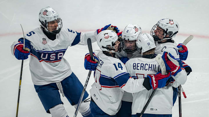 Jan 30, 2024; Gangwon-do, KOR; Parker Trottier (USA) celebrates scoring a goal with his teammates in the Ice Hockey Men s 6-on-6 Tournament Semifinals between Canada and (USA) at the Gangneung Hockey Centre. The Winter Youth Olympic Games, Gangwon, South Korea, Tuesday 30 January 2024. Mandatory Credit: OIS/Jonathan Nackstrand-Imagn Images