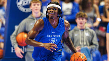 Oct 11, 2024; Lexington, KY, USA; Kentucky Wildcats guard Otega Oweh (0) brings the ball up the court during Big Blue Madness at Rupp Arena at Central Bank Center. Mandatory Credit: Jordan Prather-Imagn Images