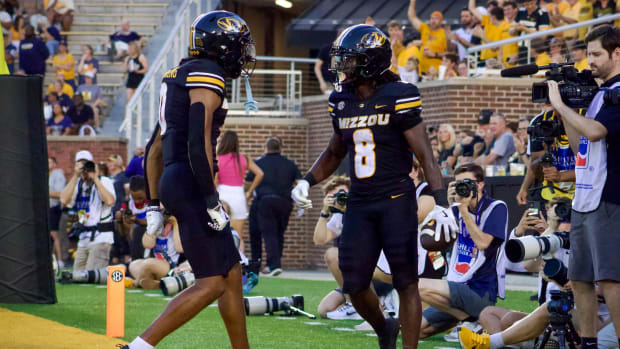 Aug. 29, 2024: WR Joshua Manning and RB Nate Noel celebrate in the end zone following a touchdown against Murray State.