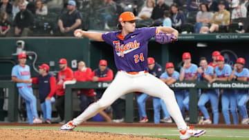 Feb 15, 2025; Arlington, TX, USA; Clemson vs Arizona baseball during the Shriner's Children's College Showdown at Globe Life Field. Mandatory Credit: Jim Cowsert-Imagn Images