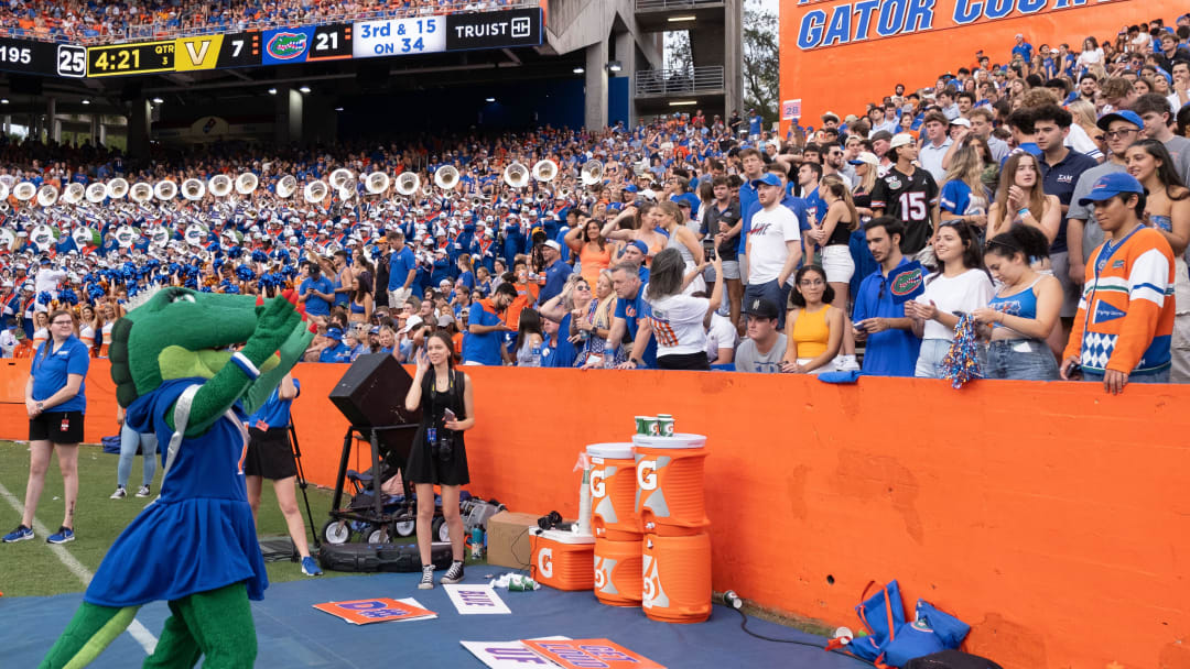 Alberta cheers with fans during the first half between the Florida Gators and Vanderbilt Commodores at Steve Spurrier Field at Ben Hill Griffin Stadium in Gainesville, FL on Saturday, October 7, 2023. [Chris Watkins/Gainesville Sun]