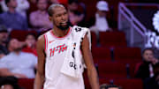 Nov 12, 2025; Houston, Texas, USA; Houston Rockets forward Kevin Durant (7) on the bench against the Washington Wizards during the fourth quarter at Toyota Center. Mandatory Credit: Erik Williams-Imagn Images