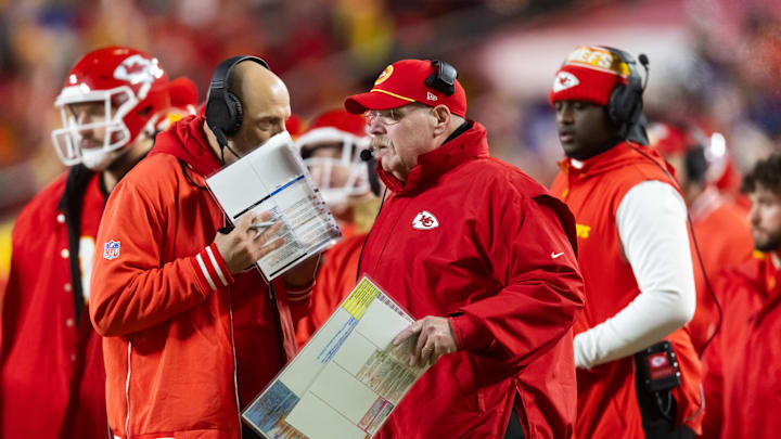 Jan 26, 2025; Kansas City, MO, USA; Kansas City Chiefs offensive coordinator Matt Nagy (left) and head coach Andy Reid against the Buffalo Bills during the AFC Championship game at GEHA Field at Arrowhead Stadium. Mandatory Credit: Mark J. Rebilas-Imagn Images