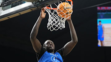 Apr 4, 2025; San Antonio, TX, USA; Duke Blue Devils center Khaman Maluach (9) during a practice session for the Final Four of the 2025 NCAA tournament at Alamodome. Mandatory Credit: Bob Donnan-Imagn Images