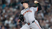 Aug 23, 2024; Seattle, Washington, USA; San Francisco Giants starter Blake Snell (7) delivers a pitch during the third inning against the Seattle Mariners  at T-Mobile Park.