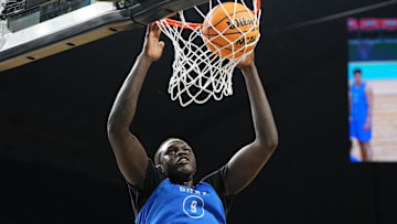 Apr 4, 2025; San Antonio, TX, USA; Duke Blue Devils center Khaman Maluach (9) during a practice session for the Final Four of the 2025 NCAA tournament at Alamodome. Mandatory Credit: Bob Donnan-Imagn Images