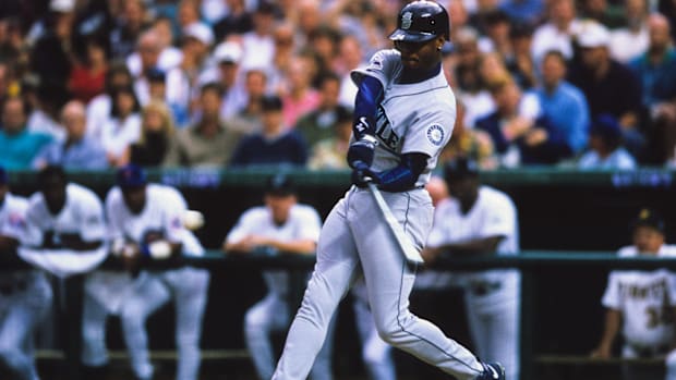 Ken Griffey Jr. (24) of the Seattle Mariners at bat against the National League during the 1998 MLB All-Star Game at Coors Fi