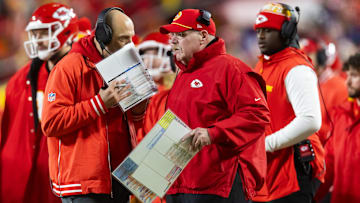 Jan 26, 2025; Kansas City, MO, USA; Kansas City Chiefs offensive coordinator Matt Nagy (left) and head coach Andy Reid against the Buffalo Bills during the AFC Championship game at GEHA Field at Arrowhead Stadium. Mandatory Credit: Mark J. Rebilas-Imagn Images