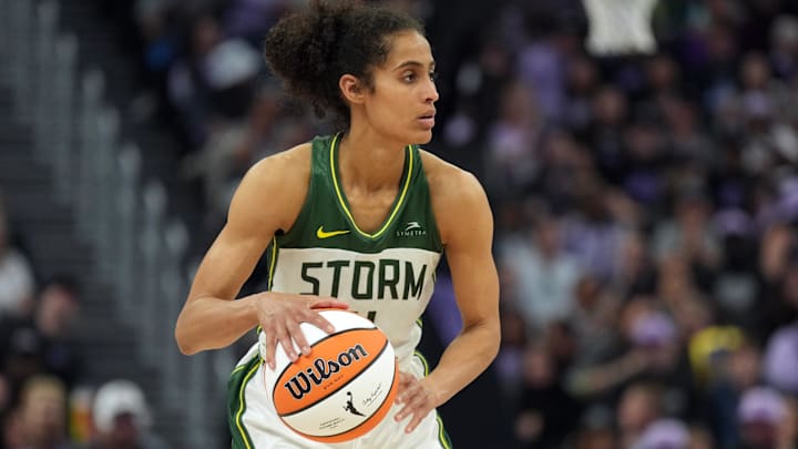 Jun 29, 2025; San Francisco, California, USA; Seattle Storm guard Skylar Diggins (4) handles the ball against the Golden State Valkyries during the fourth quarter at Chase Center. Mandatory Credit: Darren Yamashita-Imagn Images