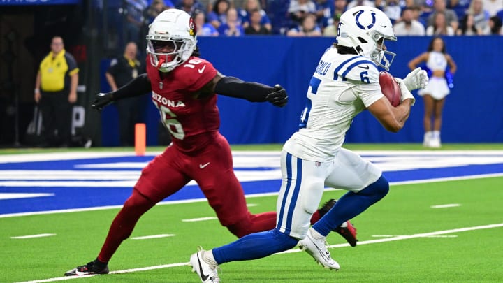 Aug 17, 2024; Indianapolis, Indiana, USA; Indianapolis Colts wide receiver Anthony Gould (6) runs past Arizona Cardinals cornerback Max Melton (16) during the first quarter at Lucas Oil Stadium. Mandatory Credit: Marc Lebryk-USA TODAY Sports